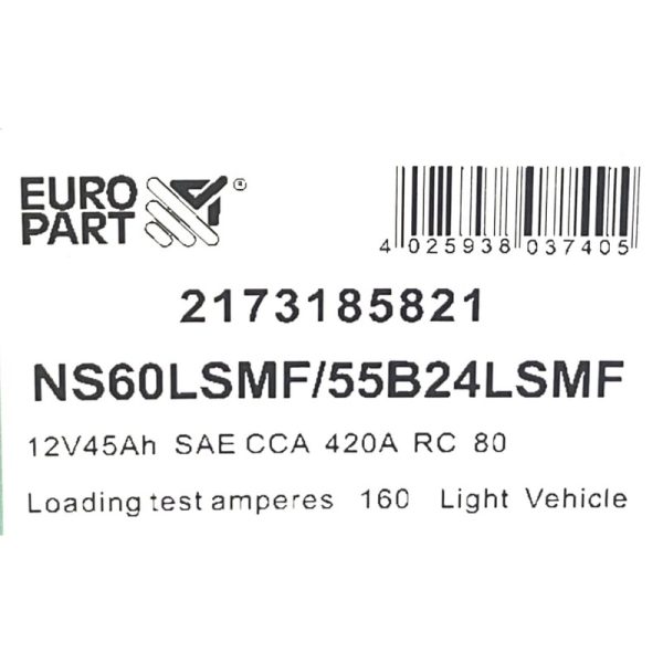 Europart - Maintenance Free Car Battery 12V 45Ah - 55B24LSMF / NS60LSMF