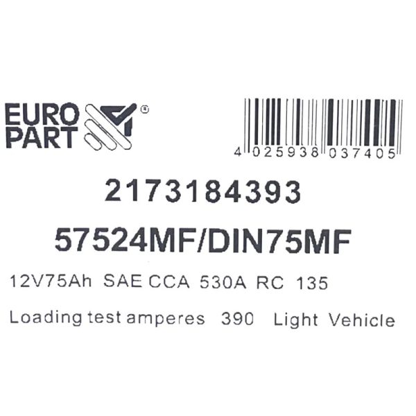 Europart - MF Car Battery 12V 75Ah 57524LMF / 75Din